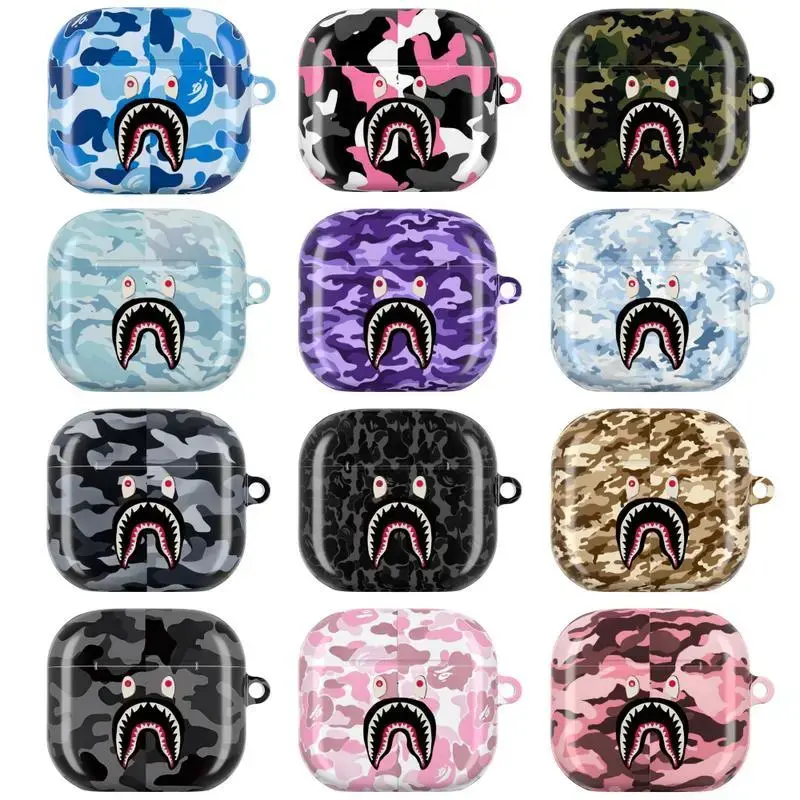 Shark Camo Streetwear AirPods Case, Collection Bold Shark Mouth Icon with Military Camouflage Patterns, Urban Hypebeast Tactical Aesthetic Half-Black Design, Durable Protective Cover For AirPods 1 2 3 4 & Pro