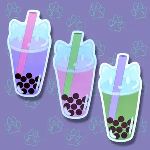 Cat-Cute-Matte Boba Cat - Taro - Strawberry - Matcha - Kawaii Boba Cat Face Sticker |Cat Expressions Funny Sticker Matte| 2.48"x5"