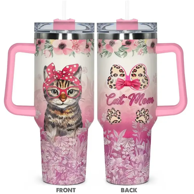 [Gift Box Included] 40oz, 20oz Cute Cat Pattern Print Stainless Steel Tumbler with Handle and Straw Vacuum Insulated Travel Mug Fits Car Cup Holder Cute Gift for Cat Lovers