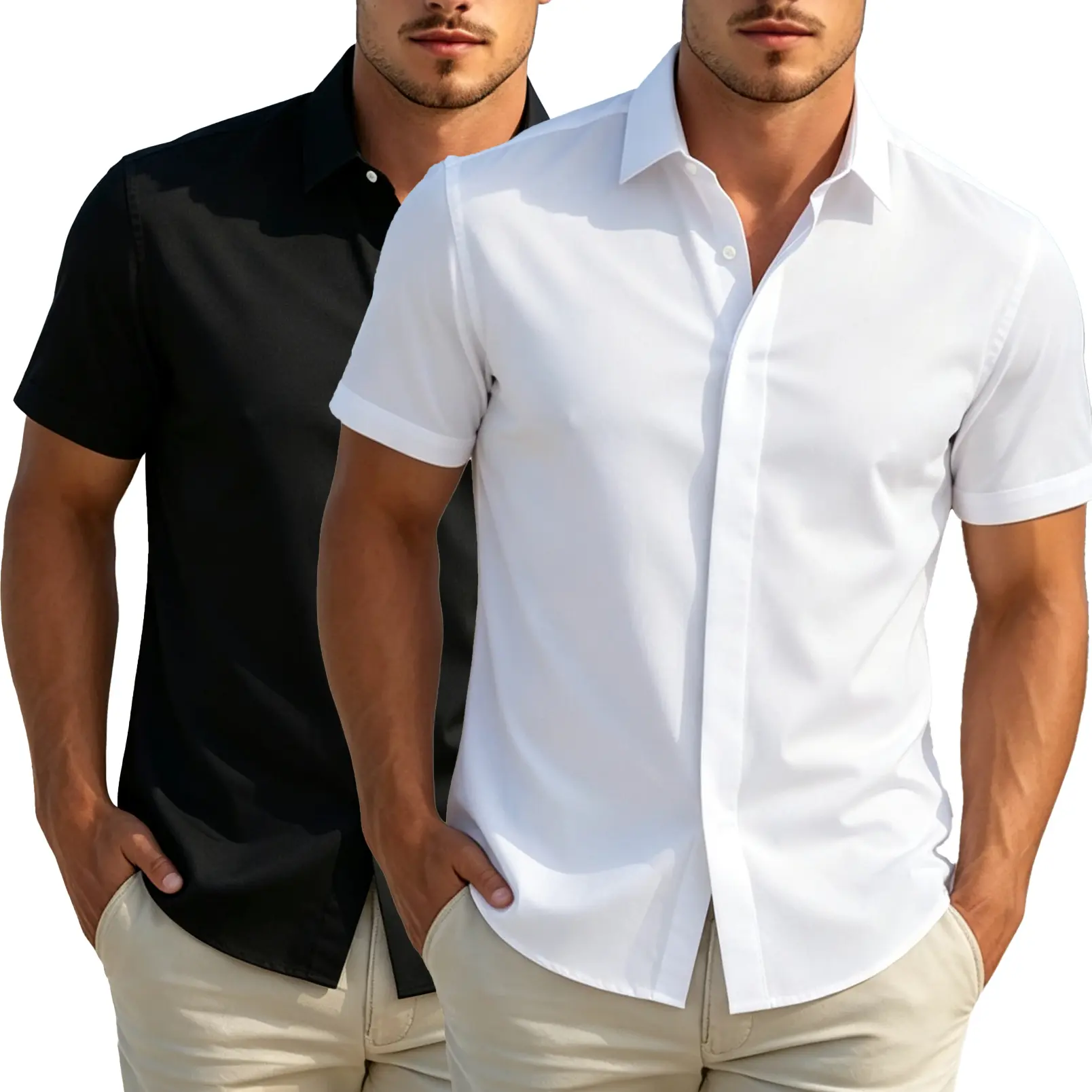 Men's Plain Button-Up Shirts, Pack of 2 Short-Sleeve Slim Fit Casual Summer Top, Wrinkle-Resistant for Office Wear, Shortsleeve, Menswear