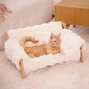 Raised Wooden Pet Sofa Bed - Fluffy Elevated Couch Recliner for Cats & Small Dogs, Off-White (27.2"x18.6"x11.8"), Cozy Modern Pet Furniture with Soft Cushion & Sturdy Frame