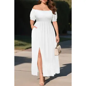 Pinup Fashion Women Plus Size Off Shoulder Maxi Summer Boho Smocked Split Tiered Long Flowy Sundress with Pocket  SwimWeek  summervibes