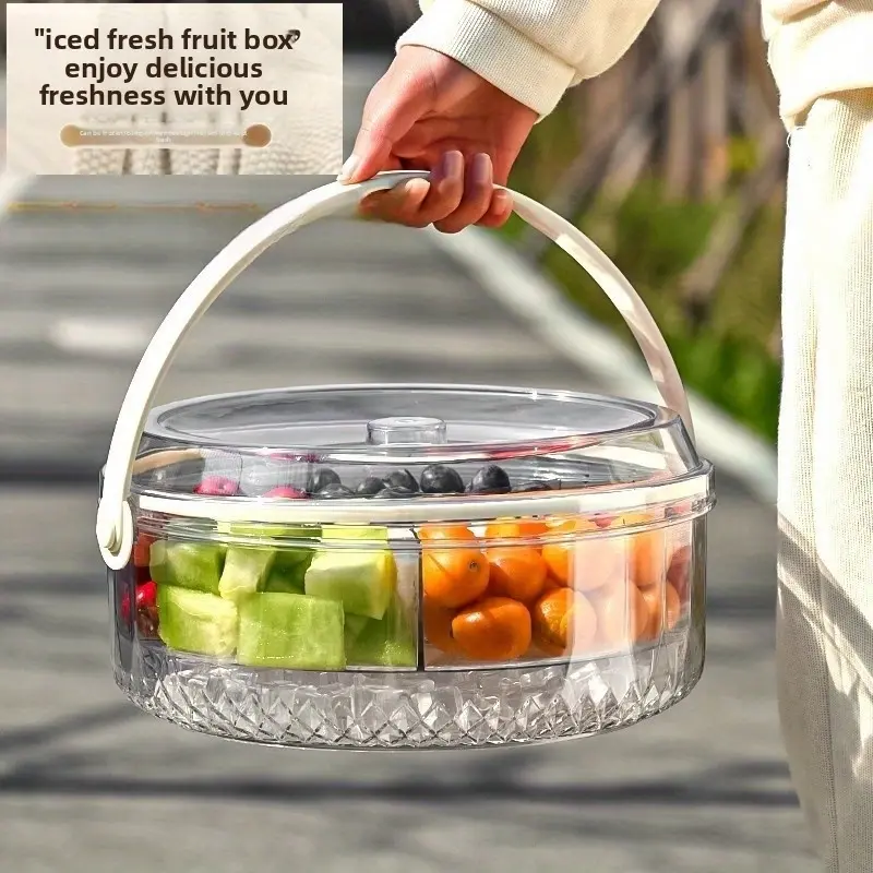 Portable 2-Layer Divided Fruit Tray with Lid & Handle, Free Bonus Stainless Steel Food Tongs, Clear Snack Serving Platter Storage Container, Stackable Refrigerator Organizer, Novelty Party Favor Gift for Picnic BBQ Holiday Gathering,Fluffy Gift Basket