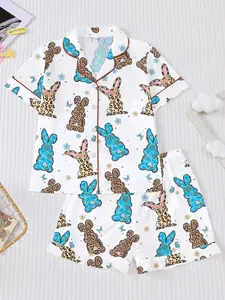 Easter Bunny Print Kids Sleepwear Set, Pajamas, Short Sleeve Top & Loose Fit Shorts, Cartoon Pattern, Casual Home Wear, Spring, Pajama Lounge Sets