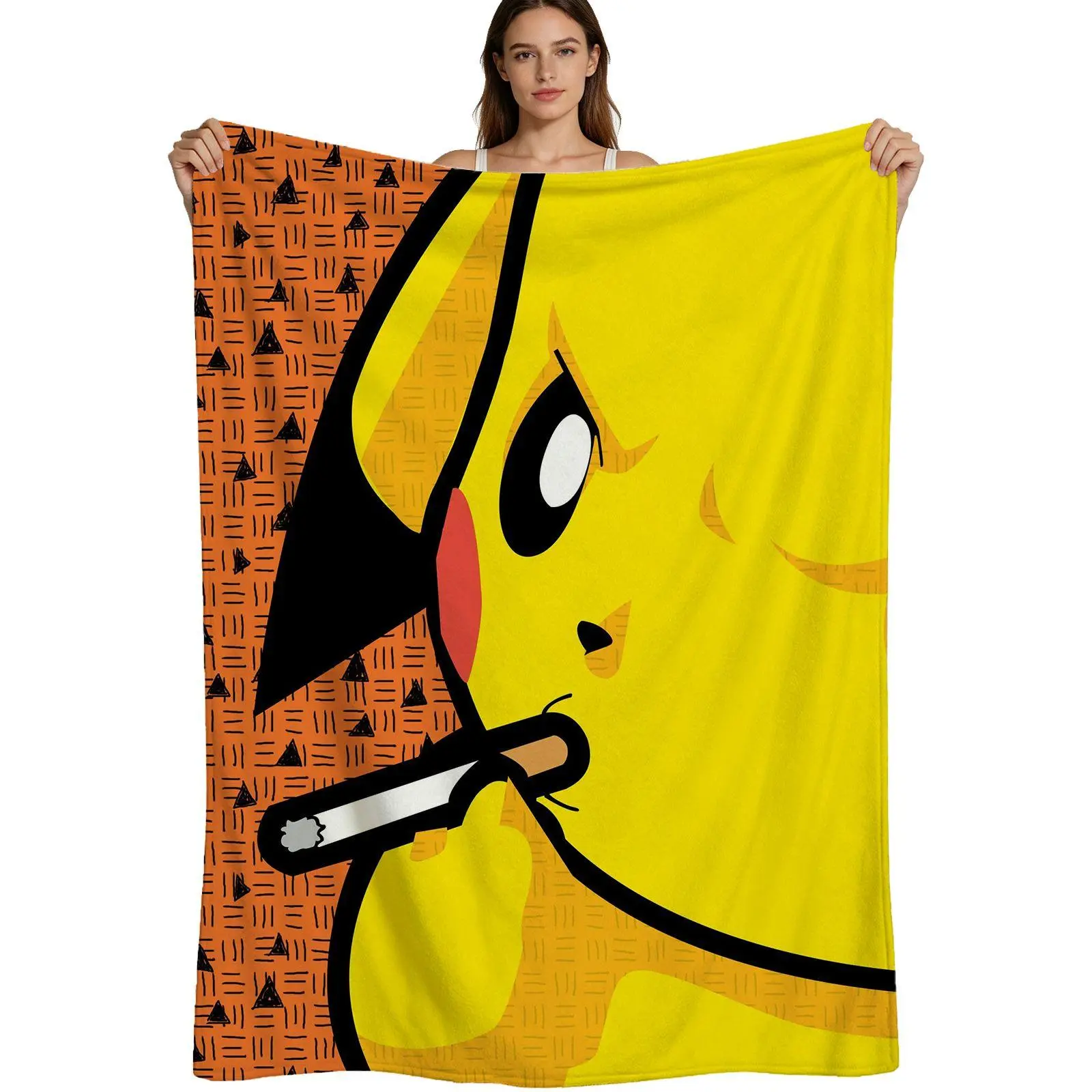 Trendy Pop Art, Warm Flannel Blanket, Cool Smoking Pikachu Pattern, Soft Fleece Fabric With Vibrant Print, For Gamers And Anime Fans Bedroom Decor, 4 Sizes Available Single Pack