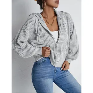 Fashionable casual cozy hooded zip-up knit cardigan, fitted, textured pattern, long sleeves, autumn and winter wear, everyday women’s clothing