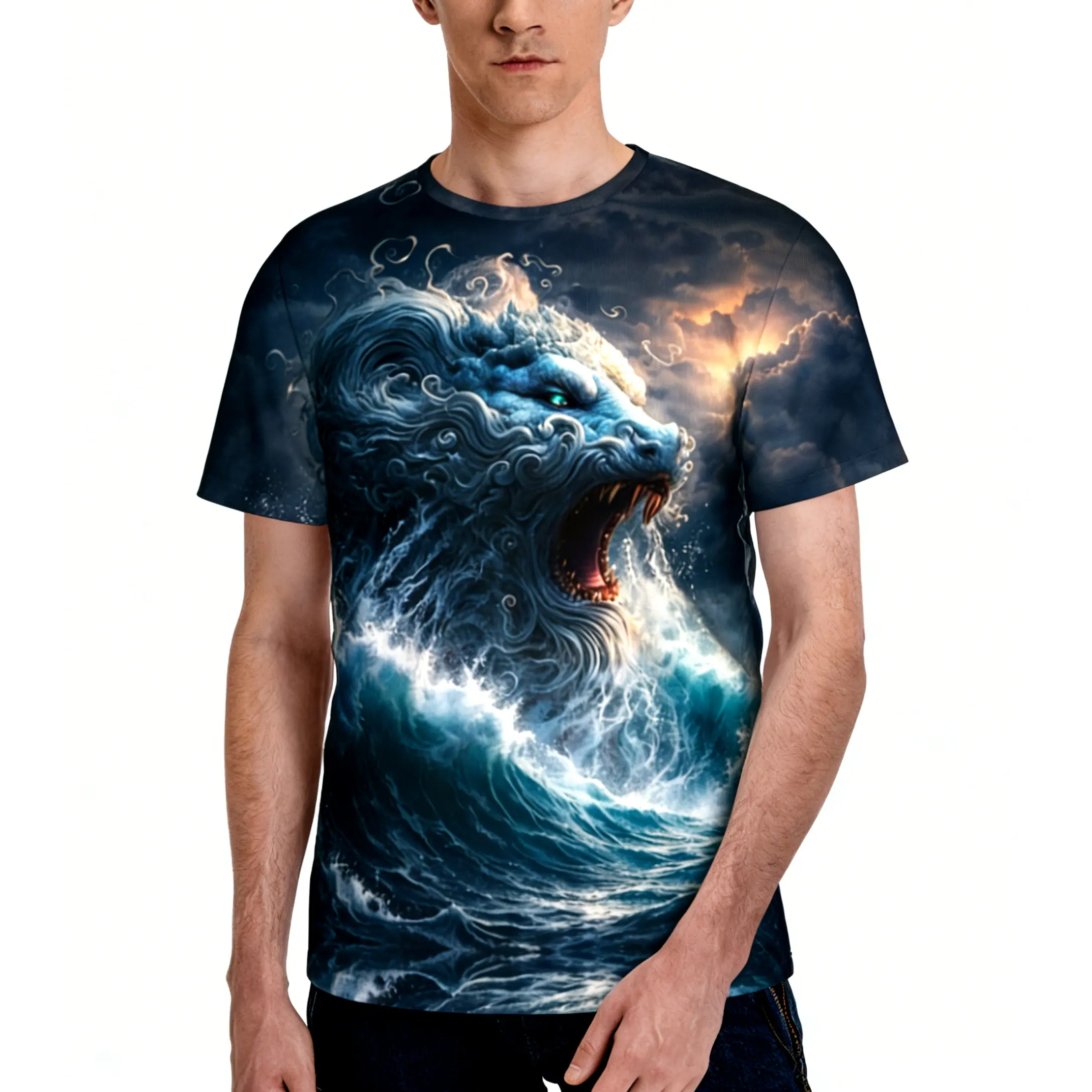 Unisex Mythical Water Lion Print 3D T-Shirt, Summer All-Over Ocean Beast Graphic Tee, Epic Stormy Sea Art Short Sleeve, Party & Outdoor Casual Streetwear, Gift for Couples & Friends