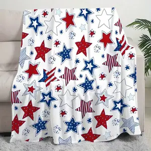Patriotic Star Print Flannel Throw Blanket, Red White Blue American Flag Design, Ultra Soft Machine Washable Polyester Blankets,Sofa Bed Home Office Indoor Outdoor Use, Ideal  Memorial Day Festive Gift