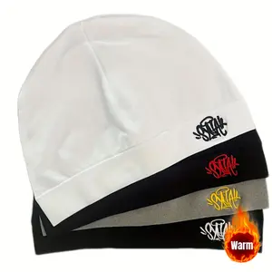 Synaworld Embroidered Beanie Hat - Dopamine Color Series, Double-Layer Warm Pullover with "Synthetic" Design, Black, Polyester, Hand Washable, Casual & Versatile for Outdoor Activities, Outdoor Headwear |       Stylish Headgear |       Durable Headwear,