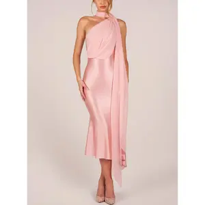 Women's Elegant Maxi Dress One Shoulder Drape Satin Midi Dress Backless Bodycon Cocktail Party Gown