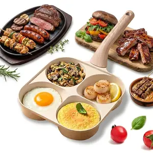 Non-stick 4 Hole Omelet Frying Pan with Handle, Easy Clean Breakfast Cooking Skillet for Pancakes Burgers Eggs and Sandwiches, Multifunction Divided Pan for Gas Stove & Induction Cooktops, Kitchen Gadgets for Everyday Cooking