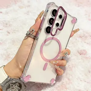 HISTORYOO Magnetic Clear Case for Samsung Galaxy S26 Ultra S25 S24 FE S23 Plus S22 Ultra for MagSafe Wireless Shockproof Camera Lens Bracket Stand Bumper Adjustable Kickstand Protection Acrylic + TPU Cover  Four Corners Coverage Anti-Drop Protective