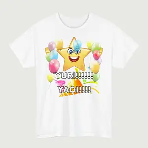 Colorful Yuri Yaoi Meme Graphic Tee for anime fans, featuring kawaii star balloon party art in oversized unisex streetwear style perfect for casual wear and Pride celebrations