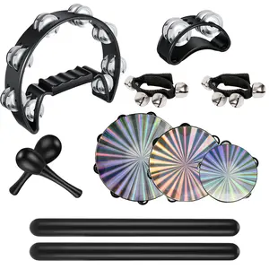 11pcs Tambourine Set, Half Moon Tambourine, Wrist Bells, Maracas, Rhythm Sticks, Reflective Handheld Tambourines, Percussion Instrument for Adults Church School Party And Karaoke.