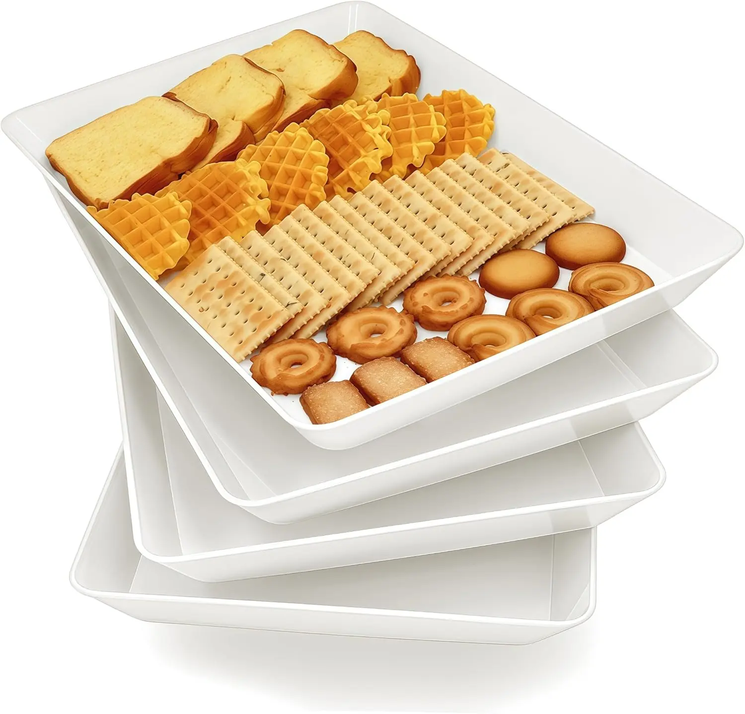 Plastic Plates Set, 4-Pack Sturdy Rectangular Aesthetic Large White BPA-Free Reusable - 14.5x9x1.3in Dishwasher-Safe Serving Trays for Party Snacks, Charcuterie