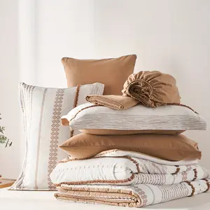 7-Piece Boho Chic Comforter Set - Ultra Soft, Stain Resistant, Lightweight Microfiber Bedding with Geometric Jacquard Tufted Striped Pattern, 100% Polyester Fiber Fill - Queen/King Size Bed in a Bag for All Seasons, Easy Care and Hypoallergenic