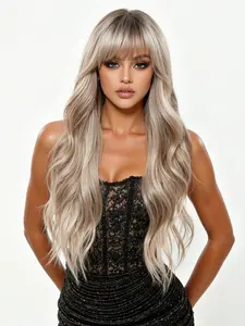 24 Inch Fashionable New Long Curly Blonde Wigs with Bangs and Dark Roots, Synthetic Soft Hair Women's Wigs for ordinary Work, Life, Dance Parties and All Occasions