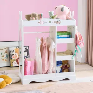 Karlhome Children's Wardrobe with Mirror Three Shelves & Hanging Rod Rabbit Ear Design White Density Board Particle Board Waterproof