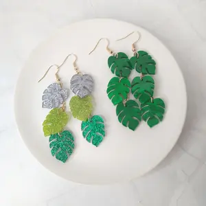 #313 Triple Monstera Leaf Earrings, Casual, Boho, Acrylic