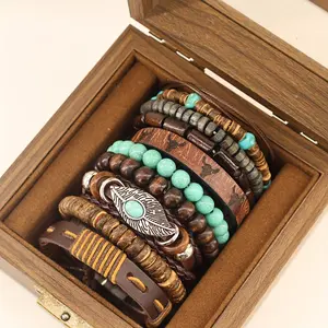 10Pcs Bohemian Cow Head Pu Leather Bracelet Set For Women & Men, Multi-Layered Beaded Design With Turquoise & Brown Beads Elastic Stretch, Ideal Festive Gifts For Nature Lovers