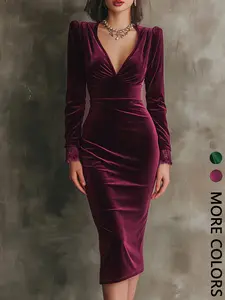 Women's Velvet Deep V Midi Dress - Long Puff Sleeve Lace Trim Bodycon Formal Wear Cocktail Gown