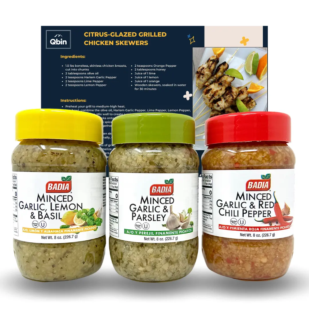 Badia Minced Garlic Seasoning Blends Variety Pack (3 Jars) - Lemon & Basil, Garlic & Parsley, Red Chili Pepper, 8 oz, Premium Quality Healthy Seasoning, QBIN Recipe Card