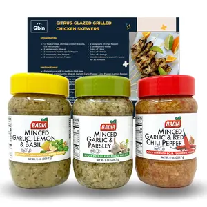 Badia Minced Garlic Trio: Lemon & Basil, Garlic & Parsley, and Red Chili Pepper - 8 oz Jars, Gourmet Seasoning Collection - QBIN Recipe Card - Variety Pack of 3 Flavor Spice