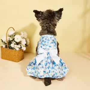 Dog Floral Bow Dress, White & Blue Watercolor Pattern with Satin Bow. Comfortable Sweet Pet Clothes Outfits for Small & Medium Pets, Perfect for Spring / Summer Pet Daily Wear