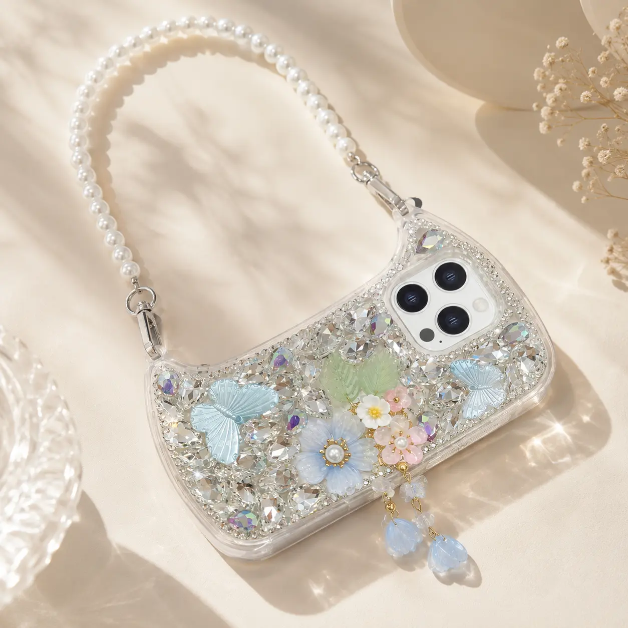 Butterfly rhinestone handbag case suitable for iPhone 17/16 Pro Max, iPhone 15 pearl case, iPhone 14 protective cover Yellow 3d phone