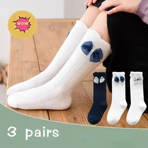 3 Pairs of Girls' Knee-High Princess Socks with Bow Decoration - Breathable Comfortable Anti-Mosquito Long Socks Suitable for All Seasons White and Navy Blue Cute Socks Anti-Mosquito Playful Design Durable Fabric