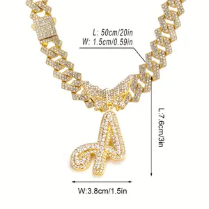 [1pc Iced Out Butterfly Pendant] 1pc 14MM Cursive Initial Butterfly Pendant Cuban Link Chain For Men Prong Hip Hop Iced Out Rhinestone Chain Link Initial Letter Name Necklaces Jewelry Gift For  men, father's day gift