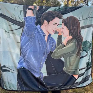 Twilight Edward & Bella Blanket - Illustrated Design Featuring Edward & Bella in a Forest Setting