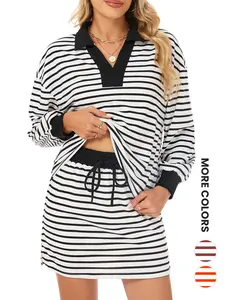 Renaishow Women's Striped 2-Piece Outfits V-Neck Casual Sweatshirt Skirt Set with Elastic High Waist & Built-In Shorts for Sports & Leisure - Elegant