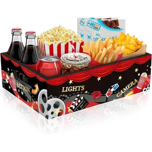 Movie Night Snack Organizer Tray with Handles, Wooden Popcorn Drink Candy Chips Holder, Countertop Snack Storage Basket for Family Movie Theater Party Decor