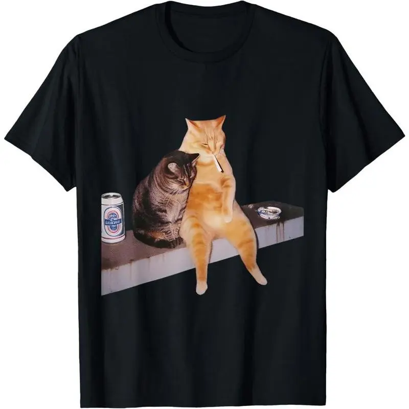 Men's 100% Heavy Cotton Cigarette-Smoking Cat Meme Graphic T-Shirt - Shortsleeve, Round Neck, Casual Streetwear Menswear Top, Casual Graphic Tee
