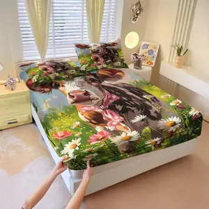 3Pcs Whimsical Calf Themed Fitted Sheet Set, Cute Brown and White Spotted Calf with Pink Bow, Cheerful Meadow Floral Print Bedding, Soft and Comfortable Fabric, Kids' Room Decor and Cozy Nights. Includes 2 Pillowcases, No Pillow Core