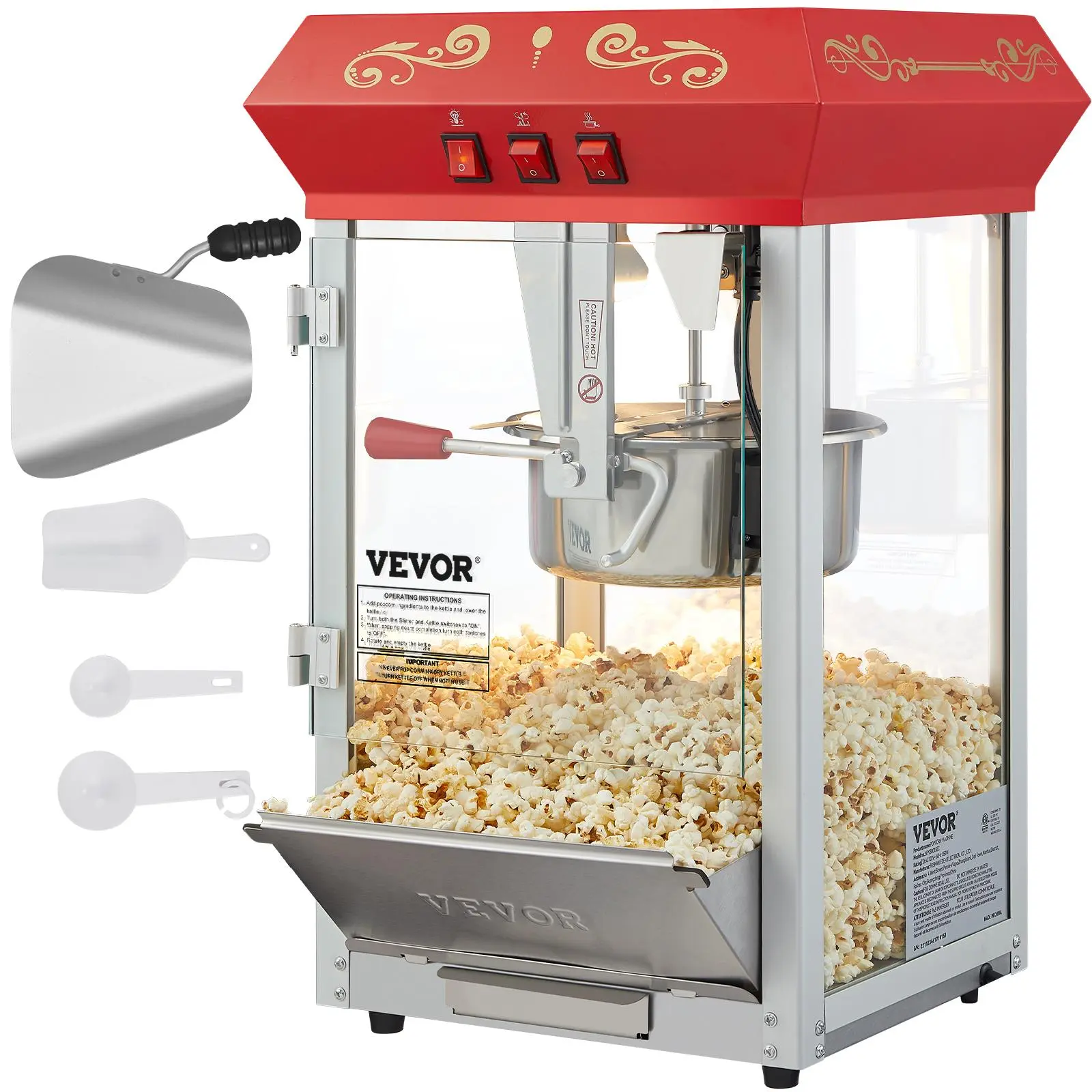 【fathersdaygift】VEVOR Commercial 8oz Kettle Popcorn Machine850w Power Countertop Theater-Style Popper48 Cup Batch Capacity3-Switch ControlSteel FrameTempered Glass Doors1 Scoop & 2 SpoonsRed, Tabletop, 3 Switches, Popcorn Popping