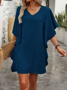 Women's V Neck Ruffle Flutter Sleeve Dress, Casual Vacation Style Loose Short Dress, Womenswear All Seasons Spring Summer Plain Pattern Clothing