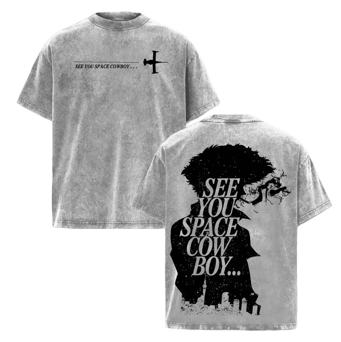 Vintage Washed Cowboy Bebop Graphic Tee - Heavyweight Cotton Oversized T-Shirt for Men & Women. Spike Spiegel Anime Streetwear with See You Space Cowboy Print. Retro 90s Japanese Manga Apparel, Double Sided Casual Top for Daily Y2K Fashion Outfits.
