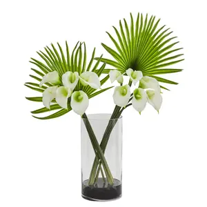 Calla Lily and Fan Palm Artificial Arrangement in Cylinder Glass Calla Lily and Fan Palm Artificial Arrangement in Cylinder Glass