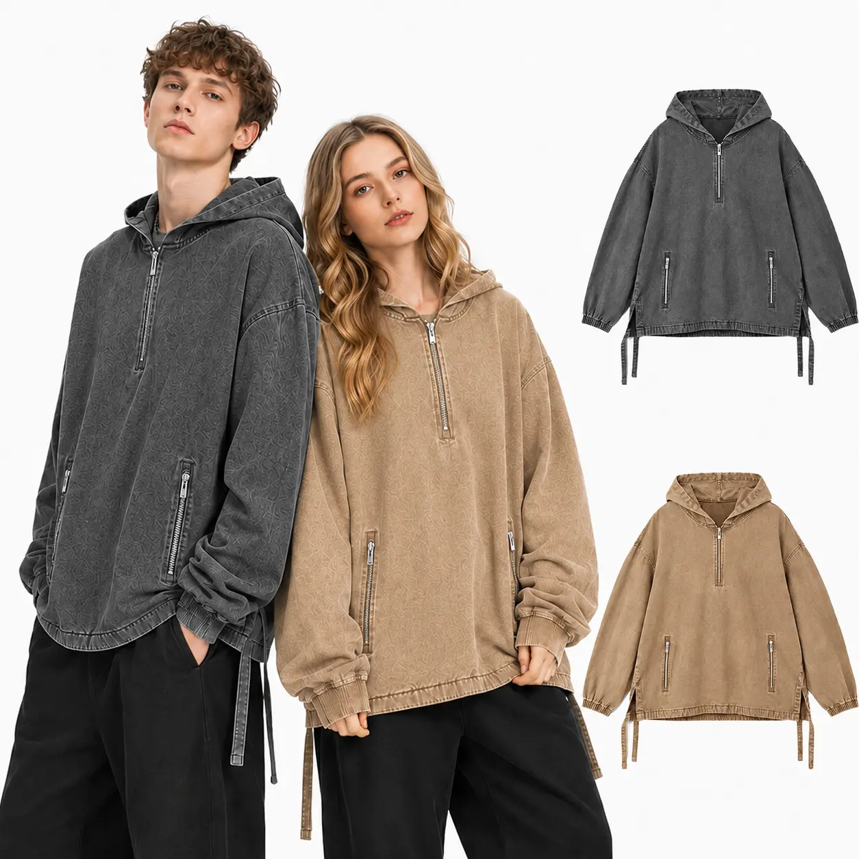 Gihuo Unisex Cotton Washed Denim Hoodie Vintage Oversized Half Zip Pullover Sweatshirt with Zip Pockets, Long Sleeve Casual Hooded Sweatshirt for Baggy Cargo