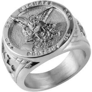 St. Michael San Miguel The Great Protector Archangel Defeating Satan Figurine Stainless Steel Amulet Ring