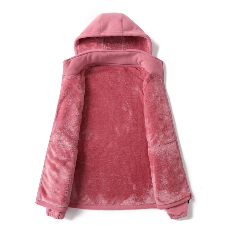 Women’s autumn/winter fleece jacket/cardigan with thick lining for warmth, hooded, casual and stylish, suitable for outdoor sports, detachable hood