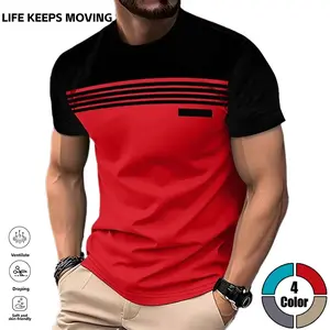 LIFE KEEPS MOVING Summer Striped Patchwork Men’s T-Shirt – soft and breathable for everyday casual wear, versatile and stylish when worn.