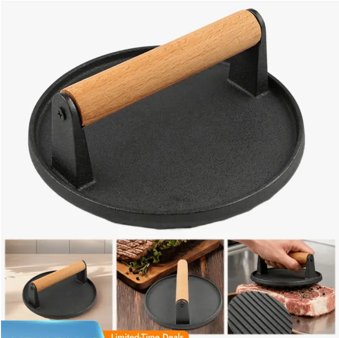 Hamburger Press 6.9-inch (approx. 16.9 cm) Round Heavy Duty Cast Iron Hamburger Press with Wooden Handle, Meat Press, Bacon and Steak Press, Suitable for Grilling Pans and Grilling Tools