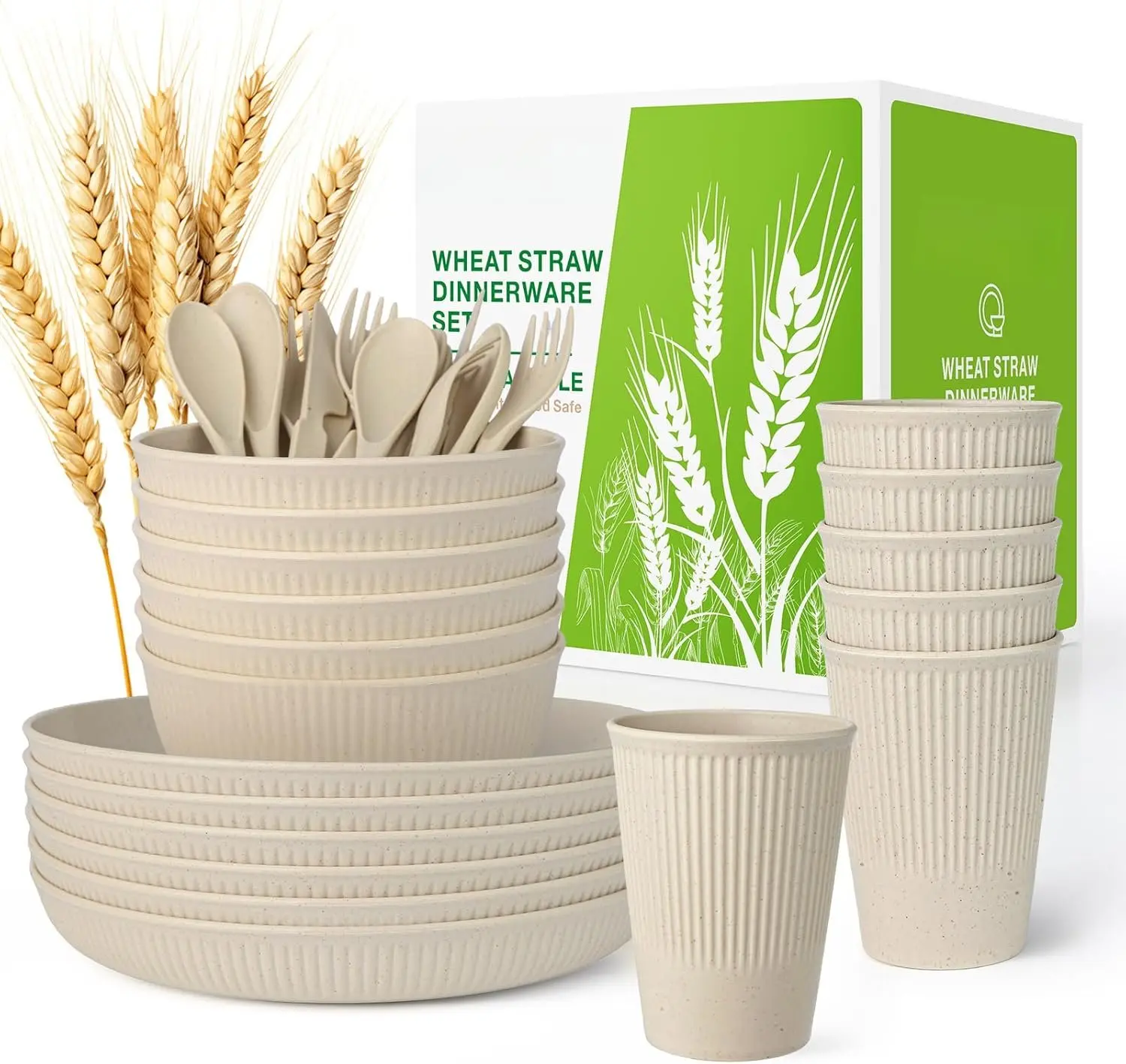 36- Wheat Straw Dinnerware Sets for 6,  Unbreakable  Set Kitchen Cups, Plates, Bowls Sets & Cultery Dishwasher Microwave Safe - Patio, Outdoors, RV, Camping Dishes