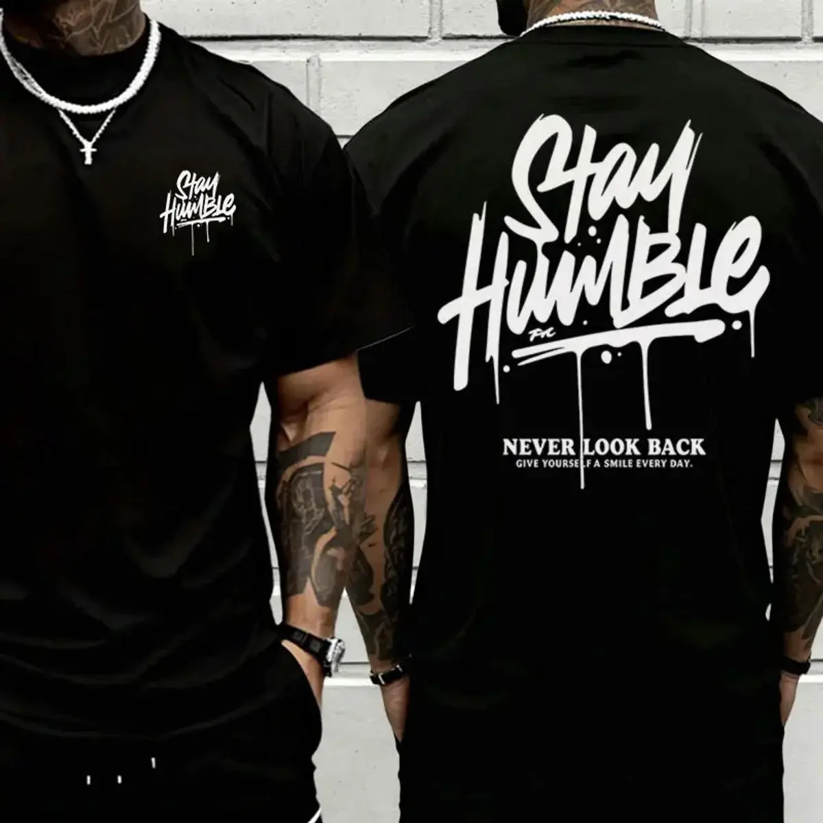Stay Humble Never Look Back Graphic Tshirt, Vintage Drip Letter Hoodie, Motivational Streetwear Casual Sweatshirt, Unisex Sweater Pullover Tee