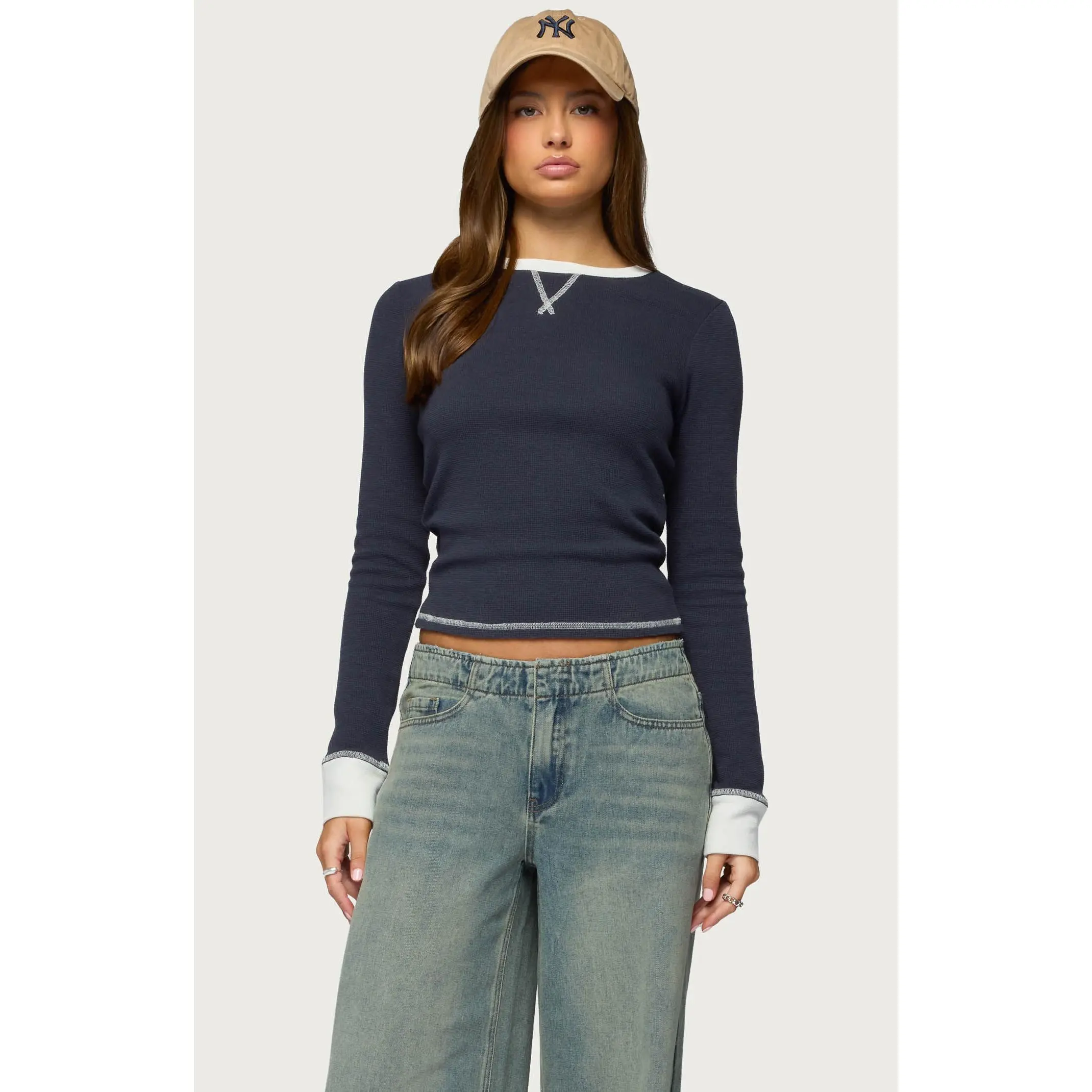 Edikted Women's Rora Contrast Long Sleeve Waffle Top