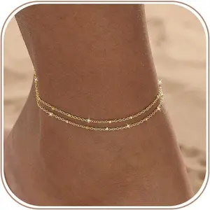 Gold/Silver Ankle Bracelets for Women,14K Gold Plated Anklets for Women Waterproof Cuban Link Heart Pearls Beads Rhinestone Anklets Set Layered Bracelets for Women Gold Jewelry Gift