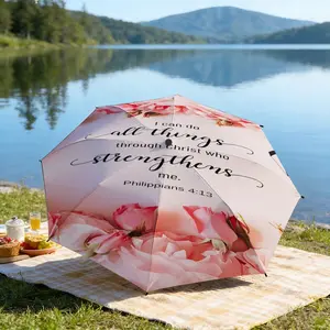 Portable folding umbrella The umbrella features pink roses with a quote text pattern. No core characters are depicted. Suitable for daily travel use, holiday Gift